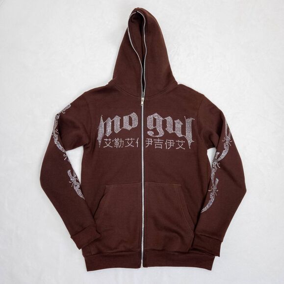 mogul Tops - Mogul Full-Zip Hoodie - Brown Rhinestone Embellished - Y2K Streetwear - XS